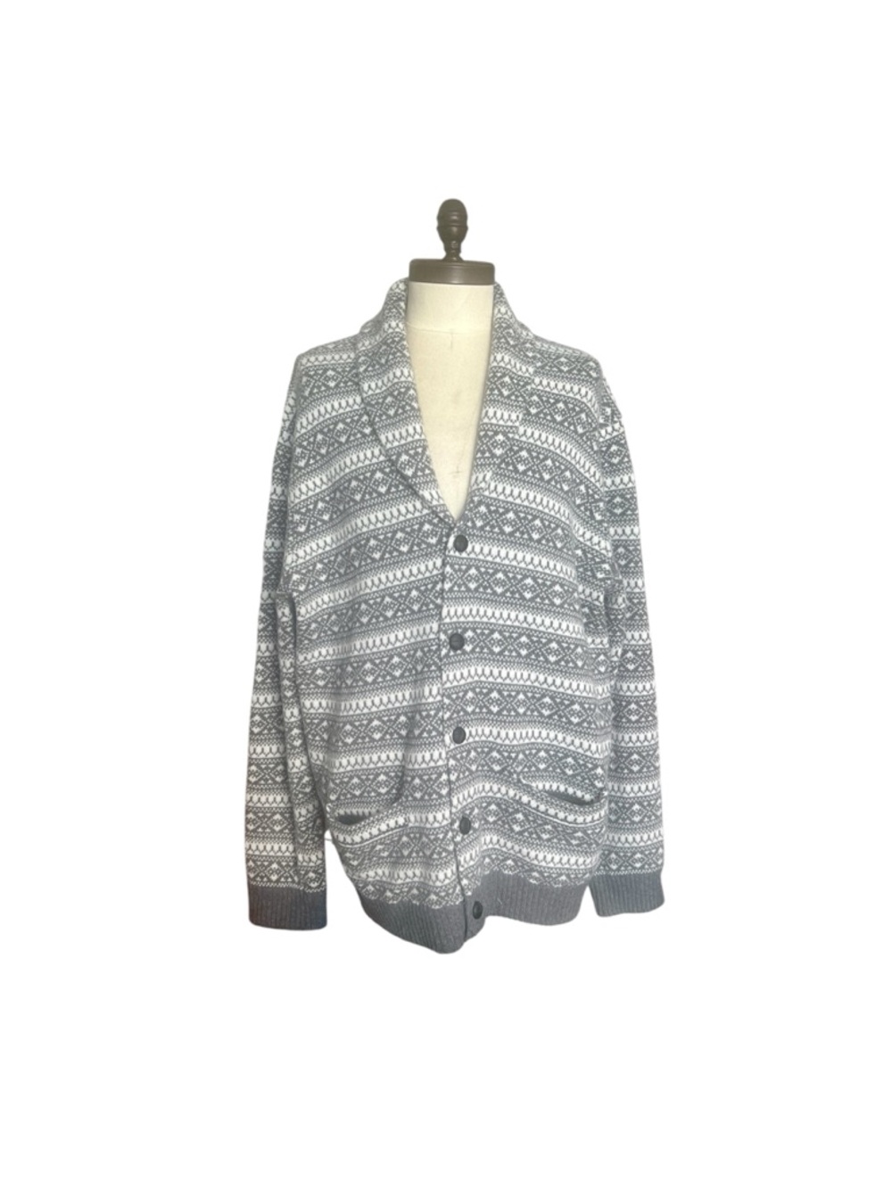 Brooks Brothers Fair Isle Cardigan Sweater SZ XXL Gray White Grandpa Preppy Cozy